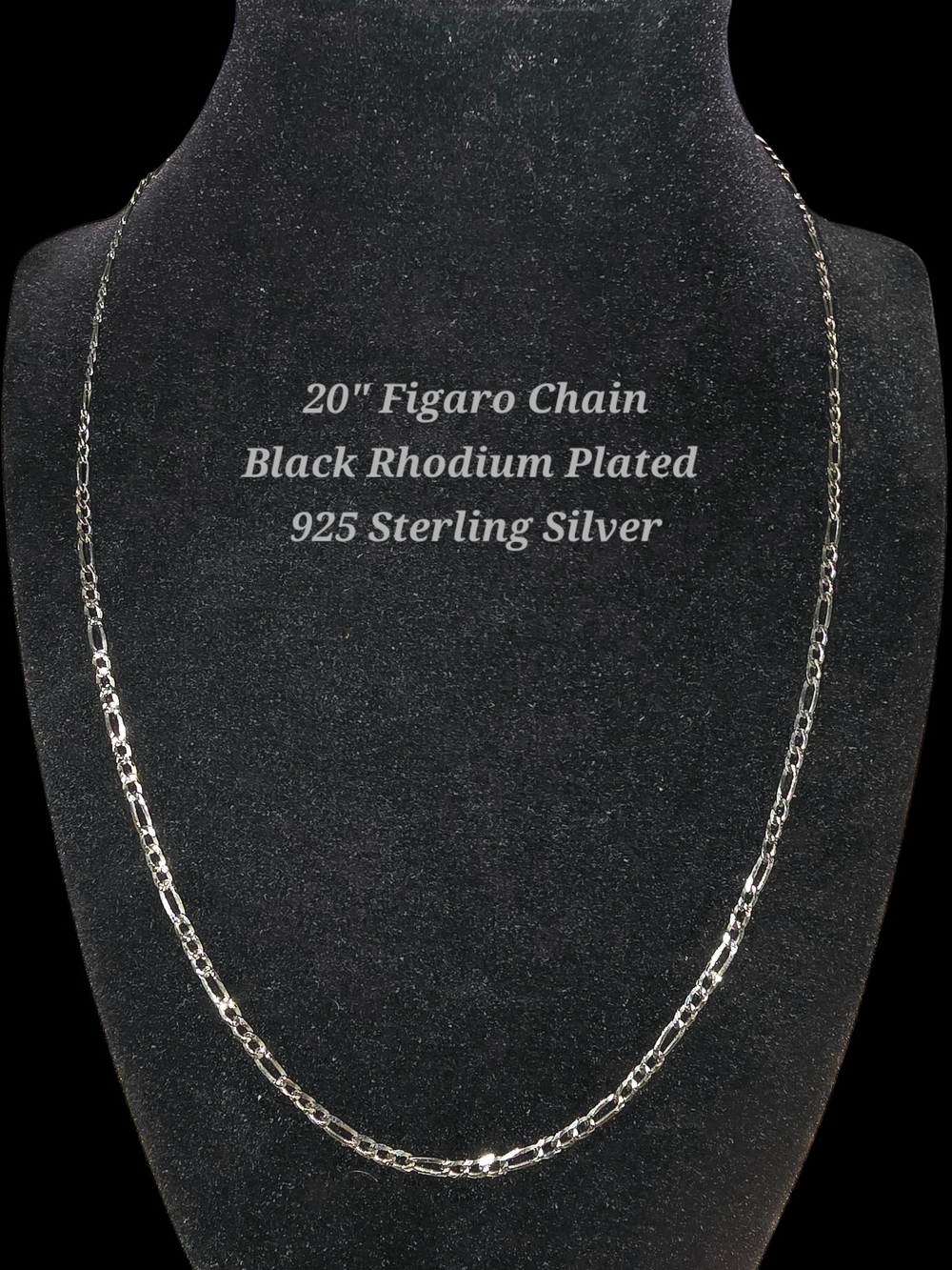 20" Diamond-Cut Figaro Chain 3mm Black Rhodium Plated 925 Sterling Silver